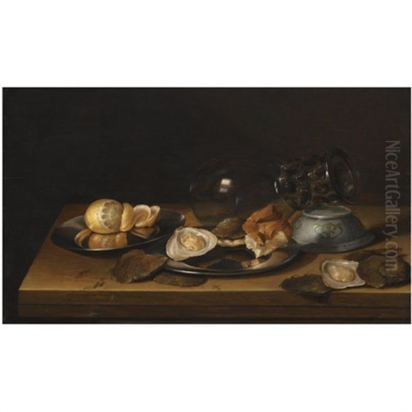 Still Life With A Roemer On Its Side, Two Pewter Plates Adorned With A Partly-peeled Lemon, An Oyster And A Bread Roll, All Arranged On A Wooden Table-top Oil Painting by Jan Davidsz De Heem