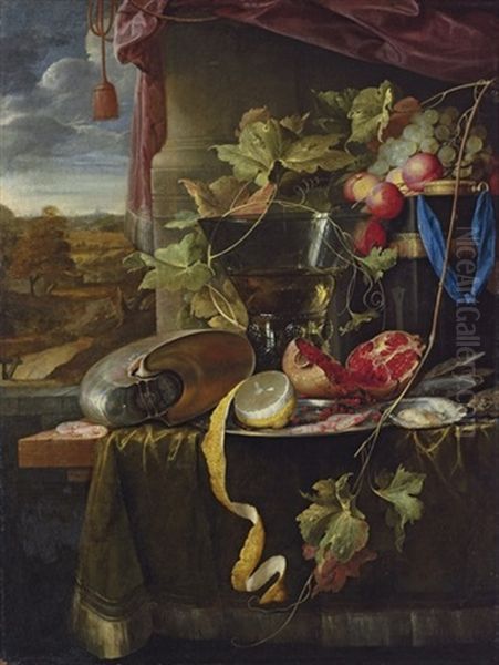 A Conch Shell, A Lemon On A Silver Platter, A Pomegranate, Shrimps, Oysters, A Roemer, Fruit And Other Objects On A Table Oil Painting by Jan Davidsz De Heem