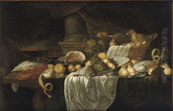 A Porcelain Bowl With Fruit In A Wicker Basket With Bread, A Glass, Lobster, Ham And Various Other Objects All On A Partially Draped Table Oil Painting by Jan Davidsz De Heem