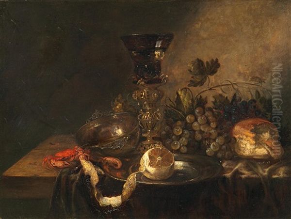 Variastillleben Mit Einem Hummer, Einer Geschalten Zitrone Und Einem Grosen Pokal Oil Painting by Jan Davidsz De Heem