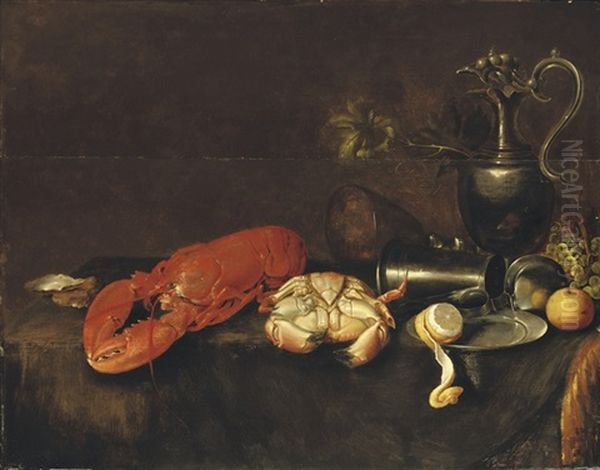 A Lobster, A Crab, An Oyster, And A Pewter Pitcher Oil Painting by Jan Davidsz De Heem