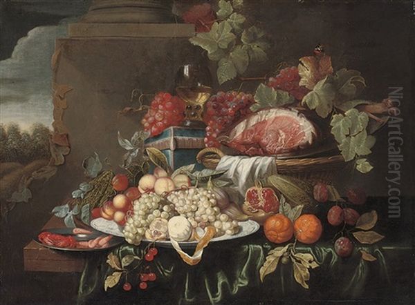 Grapes, A Joint Of Ham, Oranges, Pomegranites, By A Column Oil Painting by Jan Davidsz De Heem