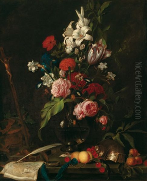 Blumenbouquet Mit Fruchten, Einem Brief Und Schreibutensilien Auf Einer Steinplatte Oil Painting by Jan Davidsz De Heem