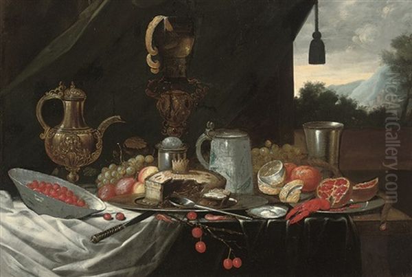 A Pie On A Pewter Platter, A Silver Beaker, A Tankard, A Pitcher, A Lobster, A Partly Peeled Lemon, Peaches, Grapes, Cherries, A Pomegranite, And A Porcelain Bowl Of Strawberries O Oil Painting by Jan Davidsz De Heem