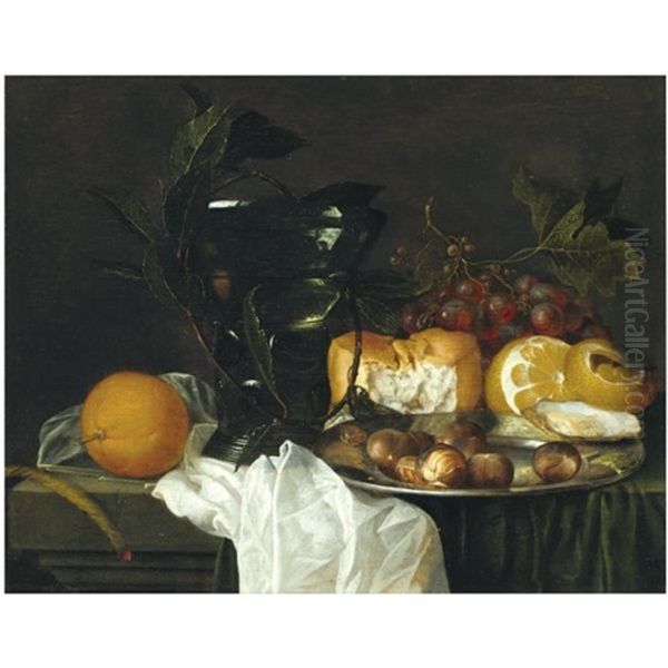 Still Life With A Roemer, A Peeled Lemon, Bread, An Oyster And Chestnuts On A Pewter Dish, Grapes, A Taper And An Orange On A Ledge Partly Draped With A White Cloth Oil Painting by Jan Davidsz De Heem