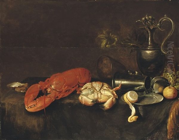 A Lobster, A Crab, An Oyster, A Pewter Pitcher, A Partially Peeled Lemon, An Apple And Grapes On A Draped Table Oil Painting by Jan Davidsz De Heem