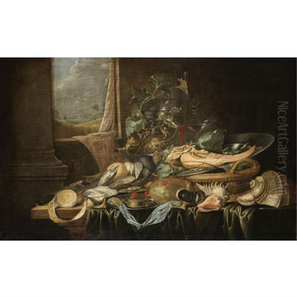 A Still Life With A Knife, A Partly-peeled Lemon, A Compass, An Oyster, A Sword, Shells, Wine Leaves Around A Roemer Of Wine And The Jawbone Of An Ass On A Pewter Plate by Jan Davidsz De Heem