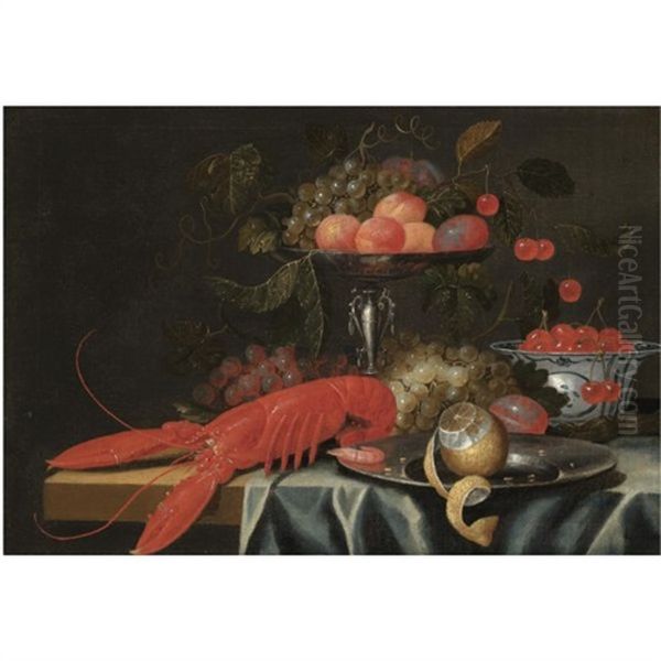 A Still Life With Apricots, Cherries And Grapes In A Silver Tazza, Cherries In A Porcelain Dish, Red And White Grapes,  A Lobster, A Shrimp And A Partly Peeled Lemon On A Table Oil Painting by Jan Davidsz De Heem