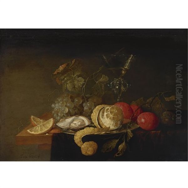 Still Life With A Peeled Lemon, Orange Slices, An Oyster, Plums, Grapes And A Facon-de-venise Glass Filled With White Wine Displayed On A Partially Draped Table Oil Painting by Jan Davidsz De Heem