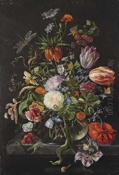 Flowers In A Glass Vase On A Stone Ledge Oil Painting by Jan Davidsz De Heem