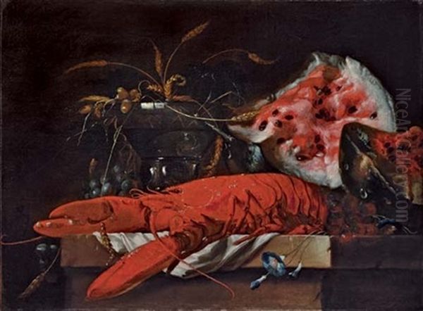 Still Life With A Lobster, A Watermelon, A Half-filled Roemer, Grapes And Wheat On A Table Oil Painting by Jan Davidsz De Heem