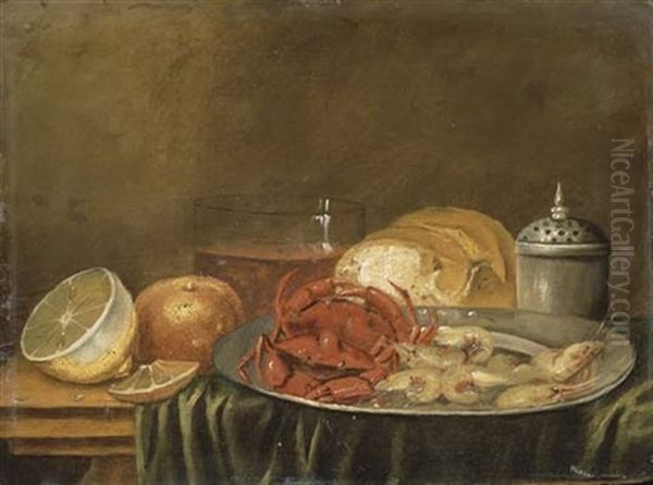 Crustaces, Citron Et Orange Sur Une Table Drapee Oil Painting by Jan Davidsz De Heem