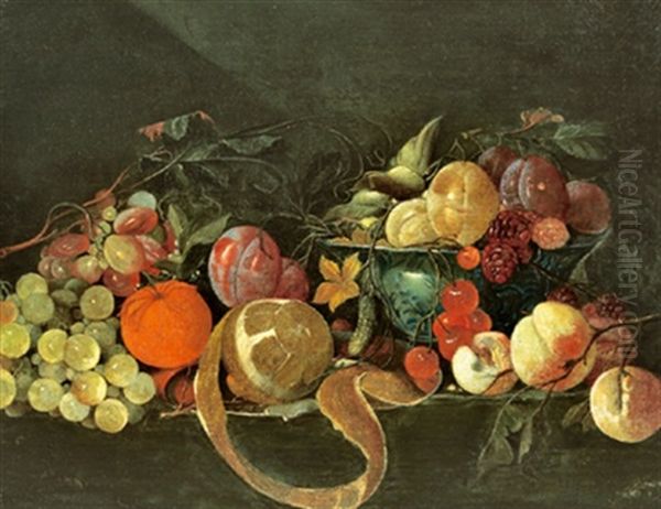 Stillleben Mit Weintrauben, Orange, Geschalter Zitrone, Mit Pfirsichen Und Anderen Fruchten In Einer Chinesischen Wan Li- Schale Oil Painting by Jan Davidsz De Heem