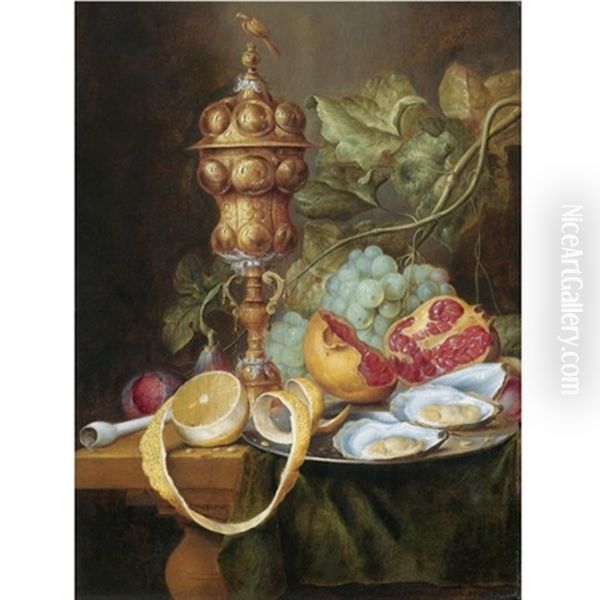 Still Life With A Gilt Pokal, A Bunch Of Grapes, A Plum, A Fig, A Partly Peeled Lemon, With Oysters And An Open Pomegranate On A Pewter Plate Oil Painting by Jan Davidsz De Heem