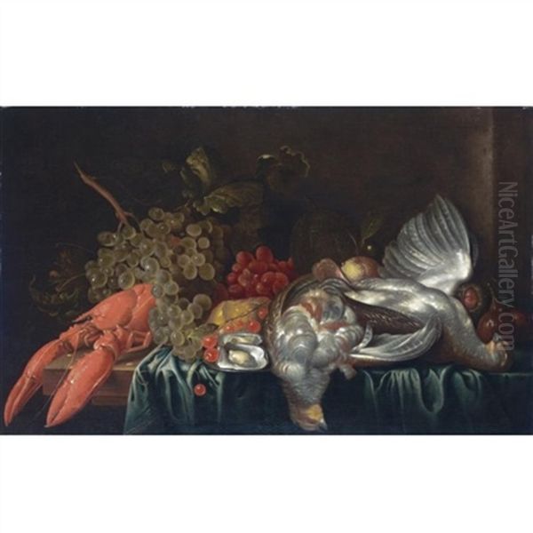 A Still Life With A Lobster, Game, Grapes And Other Fruit All Arranged On A Partly Draped Table Oil Painting by Jan Davidsz De Heem