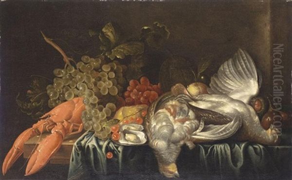 A Still Life With A Lobster, Game, Grapes And Other Fruit All Arranged On A Partly Draped Table Oil Painting by Jan Davidsz De Heem