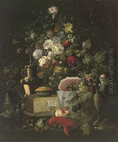 Roses, Parrot Tulips, Pansies, Carnations And Other Summer Flowers In A Vase, On A Ledge With A Glass Of Wine, Grapes, Apples, A Lobster, Bread And Pitchers To The Side Oil Painting by Jan Davidsz De Heem