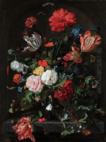 Still Life With Flowers In A Glass Vase On A Stone Ledge Before A Niche, With A Red Admiral, A Grasshopper, Other Insects And Snails Oil Painting by Jan Davidsz De Heem