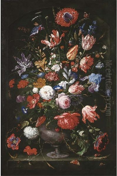 Roses, Tulips, Marigolds, A Geranium And Other Flowers In A Sculpted Vase Oil Painting by Jan Davidsz De Heem