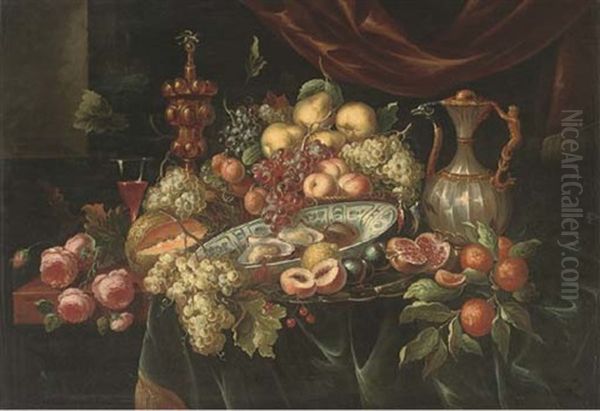 An Ewer, A Silver-gilt Cup And Cover, A Roemer Of Wine, A Basket, A Porcelain Dish And A Pewter Tray With Pears, Peaches, Grapes, Plums, Oranges, A Melon, A Lemon, Roses And Oysters Oil Painting by Jan Davidsz De Heem