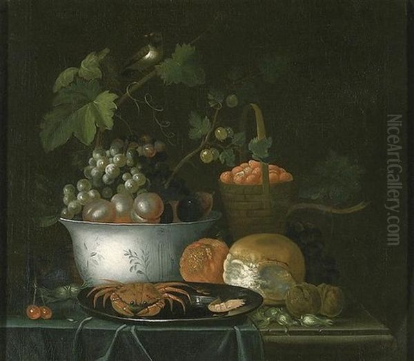 Raisins, Prunes, Fraises, Noix Et Crabe Sur Un Entablement Partiellement Drape Oil Painting by Jan Davidsz De Heem