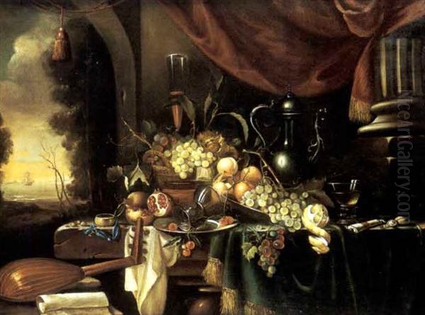 Nature Morte Aux Fruits Et Aux Verreries Sur Un Entablement Oil Painting by Jan Davidsz De Heem