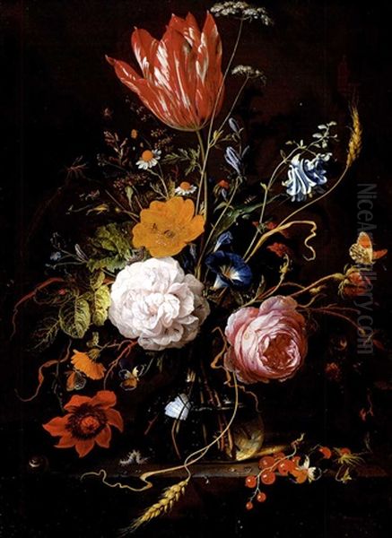 Roses, A Tulip, A Poppy, Daisies, Violets, Morning Glory, Forget-me-nots, Blackberries, Ears Of Corn And Other Flowers With A Spider, A Ladybird, Ants, A Caterpillar... Oil Painting by Jan Davidsz De Heem