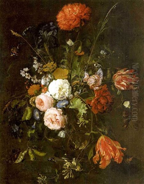 A Still Life With Roses, Tulips, A Carnation And Other Flowers In A Glass Vase On A Ledge With Snails And Other Insects Oil Painting by Jan Davidsz De Heem