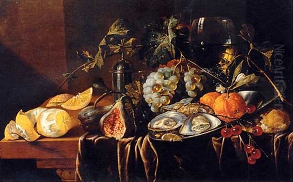 A Pronk Still Life With Oysters, Oranges And Cherries On A Pewter Plate, A Partly-peeled Lemon, A Plum, Grapes, A Fig, A Pewter Salt, A Bun, A Roemer And A Tall Flute On A Partly-draped Table Oil Painting by Jan Davidsz De Heem