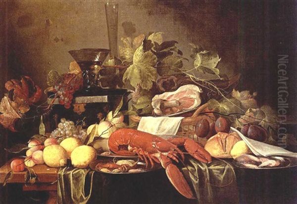 A Still Life With A Lobster, Crabs And Shrimps On Silver Plates, Lemons, Apricots, Black And White Grapes, Prunes, A Ham In A Basket, And A Bun Together With A Berkemeier On A Box And A Flute Oil Painting by Jan Davidsz De Heem