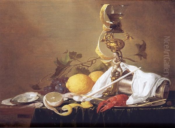 Still Life Of A Wine Glass On A Parcel-gilt Stand, An Overturned Silver Beaker And A Lobster On A Pewter Plate, Together With A Clay Pipe, Lemons, Grapes, Shrimps And Oysters, All Arranged On A Table Oil Painting by Jan Davidsz De Heem