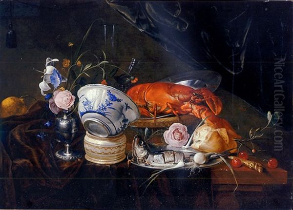 A Dutch Delft Blue And White Porcelain Bowl, A Sliced Herring With Spring Onions On A Pewter Plate With Bread, Cherries, A Knife And A Rose, A Lobster On A Pewter Plate In A Basket, All On A Table Oil Painting by Jan Davidsz De Heem