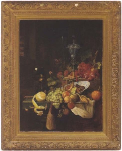 Prunkstillleben Mit Fruchten, Einem Gefullten Weinglas Und Einem Silberpokal Oil Painting by Jan Davidsz De Heem