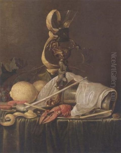 Lemons, Grapes On The Vine, Prawns, A Lobster On A Pewter Dish And A Roemer On A Stand, On A Draped Table Oil Painting by Jan Davidsz De Heem