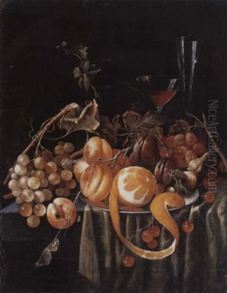 A Still Life Of Grapes, Apricots, Plums, Cherries And A Peeled Orange, Together With Glasses On A Table Oil Painting by Jan Davidsz De Heem