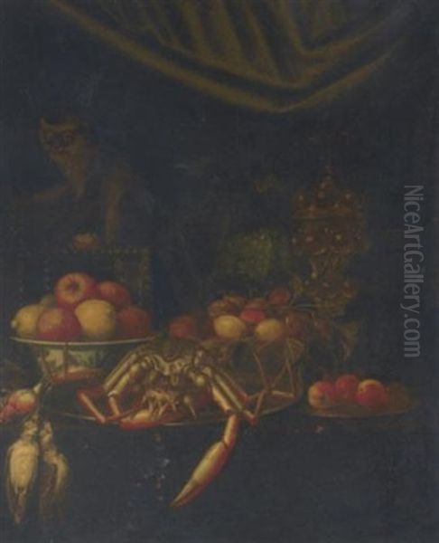 A Monkey Holding A Tureen Lid, A Crab, Dead Song Birds, Bowls Of Mixed Fruit, Pewter Platters, A Roemer, And A Gilt Goblet On A Table Oil Painting by Jan Davidsz De Heem