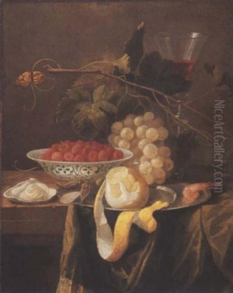 Des Fraises Dans Un Assiette, Un Citron, Une Crevette Et Des Noisettes Dans Un Plat En Etain, Une Huitre, Des Raisins Et Un Verre Sur Un Etablement Drape Oil Painting by Jan Davidsz De Heem