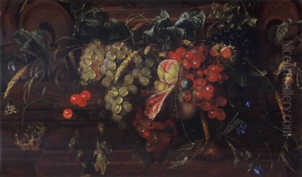 A Still Life With White And Blue Grapes, Peaches, Cherries, A Fig, An Ear Of Wheat, Oak Leaf, Acorns And Others, Together With Borage And Flowers Oil Painting by Jan Davidsz De Heem