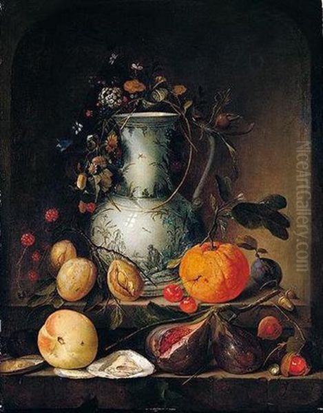 Still Life Of A Blue And White Porcelain Vase, With A Garland Of Flowers And Acorns, Together With Figs And Other Fruits Upon A Stone Ledge Oil Painting by Jan Davidsz De Heem