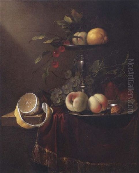 Still Life Of Peaches, Grapes And Cherries On A Silver Tazza, With Peaches On A Pewter Plate, A Lemon And Other Fruit On A Draped Table Oil Painting by Jan Davidsz De Heem