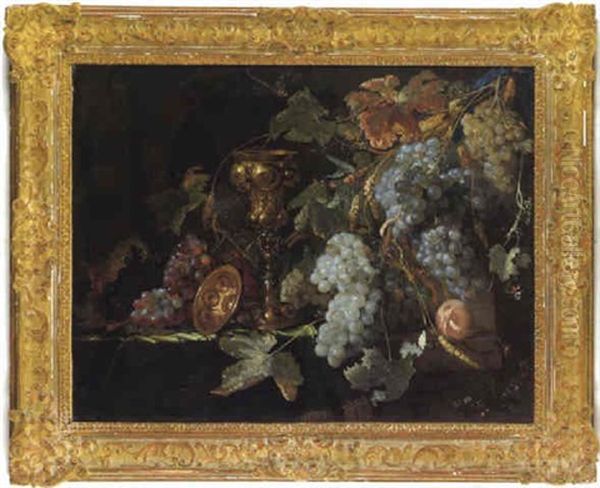 Stilleben Mit Einem Vergoldeten Traubenpokal, Weintrauben, Pfirsich, Maiskolben, Kastanie, Brombeere, Schmetterlinge, Libelle Und Einer Schnecke Oil Painting by Jan Davidsz De Heem