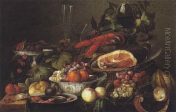 Stilleben Mit Fruchten, Schinken Und Einem Hummer Oil Painting by Jan Davidsz De Heem