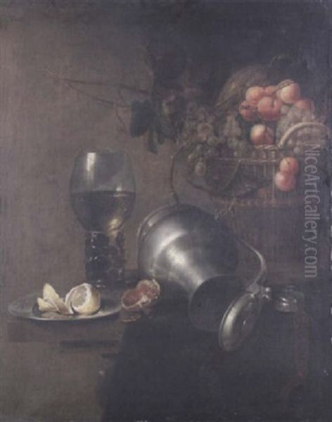 Auf Einem Steinpodest Sind Ein Romer, Eine Zinnkanne Und Teller Und Ein Fruchtekorb Zu Einem Prunkvollen Stilleben Arrangiert Oil Painting by Jan Davidsz De Heem