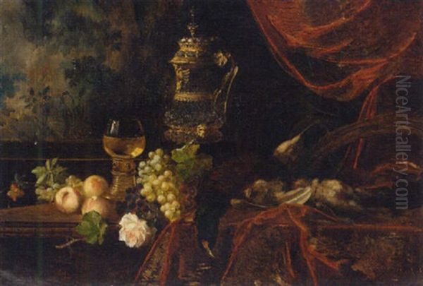 Assorted Fruits, Flowers And Game With A Roemer Glass And Silver Tankard On A Table Oil Painting by Jan Davidsz De Heem