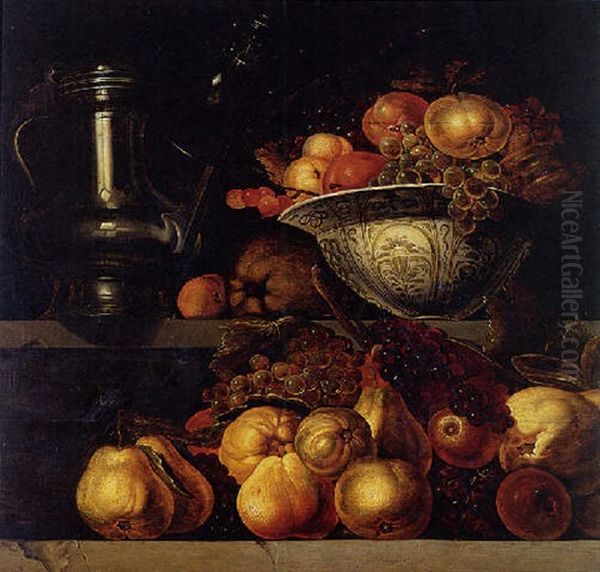 Still Life Of Fruit Resting On A Ledge, With A Wan-li Porcelain Bowl Filled With Fruit And A Pewter Jug Resting On A Ledge Above Oil Painting by Jan Davidsz De Heem