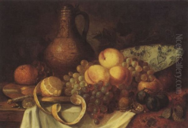 Fruchtestilleben Mit Krug Und Porzellanschale Auf Einem Tisch Oil Painting by Jan Davidsz De Heem