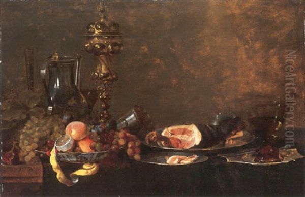 Peaches, Grapes And A Partly-peeled Lemon In A Wanli Kraak Porselein Bowl, With A Ham On A Pewter Platter, A Cup And Cover, A Flagon And A Roemer Oil Painting by Jan Davidsz De Heem