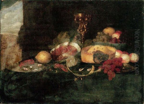 Still Life Of Fruit In A Blue And White Porcelain Bowl, Grapes, Peaches, A Pie, Peeled And Whole Lemons On Pewter Plates Oil Painting by Jan Davidsz De Heem