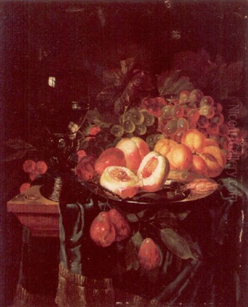 Still Life Of Peaches And Shrimps On A Pewter Plate, With Other Fruit, A Roemer And A Ring, On A Draped Plinth Oil Painting by Jan Davidsz De Heem