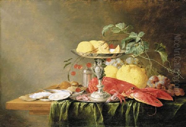 A Silver Tazza With Lemons, A Silver Pepper Mill, A Lobster, Shrimps, Oysters, Nuts, Lemons, Cherries And Grapes On A Partially Draped Table Oil Painting by Jan Davidsz De Heem